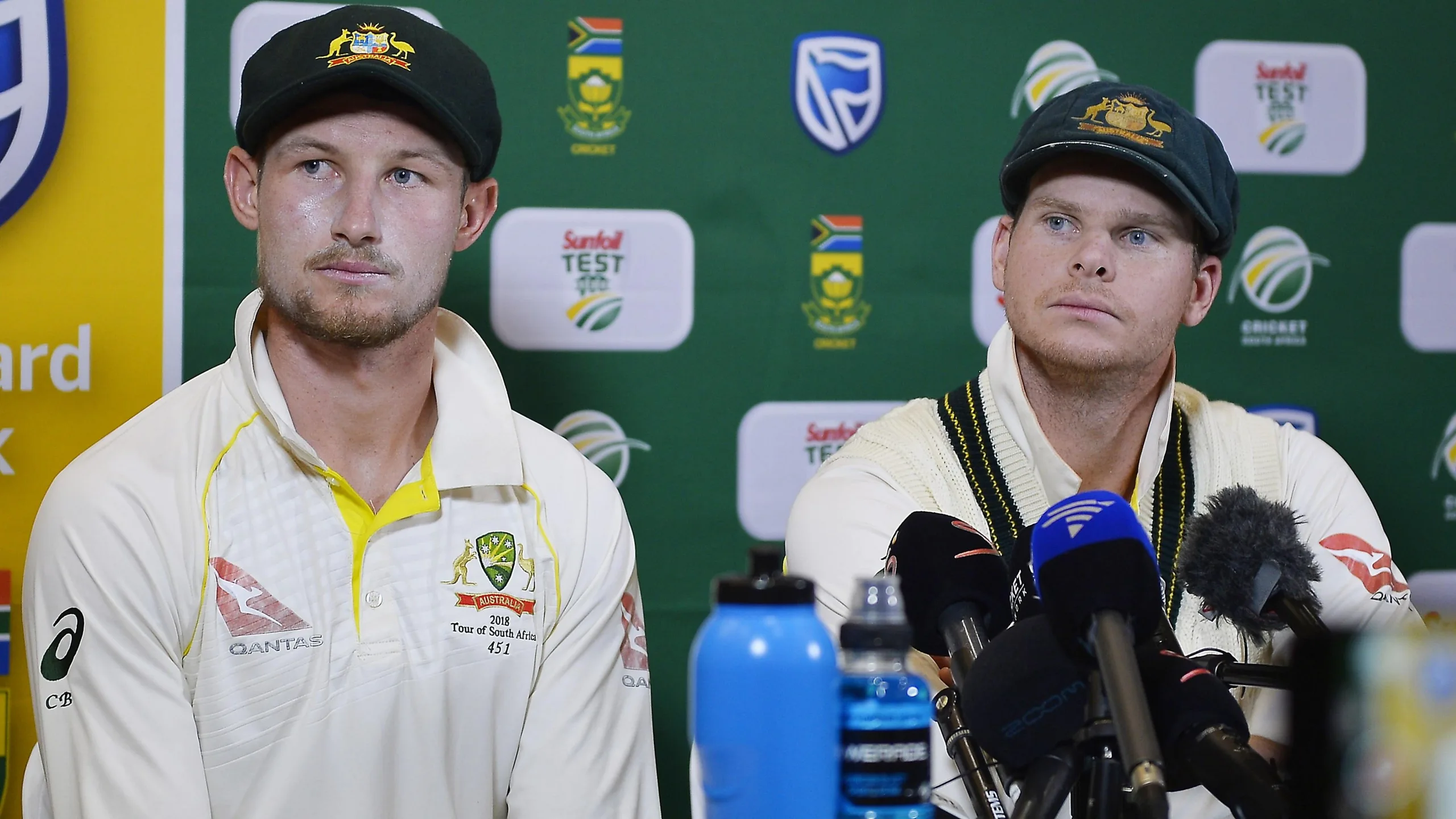 Cameron Bancroft, left, and Steve Smith speak to journalists after the Cape Town Test in 2018