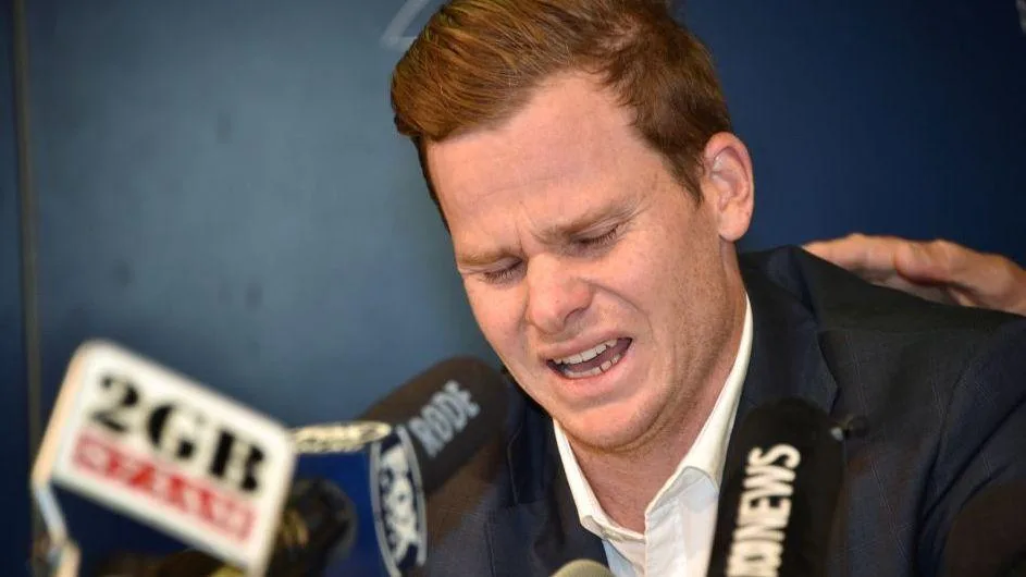 Steve Smith cries when speaking to the media on his return to Australia