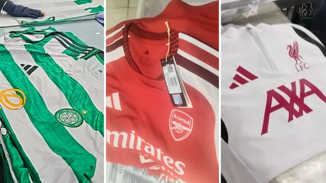 Photos of a Celtic shirt, an Arsenal shirt and a Liverpool training top inside Cambodian factories.