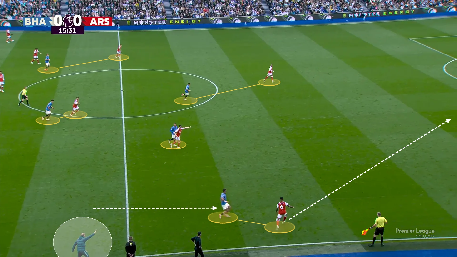 Screen grab showing Brighton's switch from a zonal defensive shape to a man-to-man press.