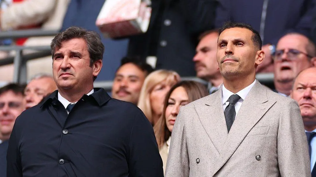 Manchester City CEO Ferran Soriano and chairman Khaldoon Al Mubarak watch on from the stands ahead of kick-off at the 2026 FA Cup final at Wembley Stadium, London
