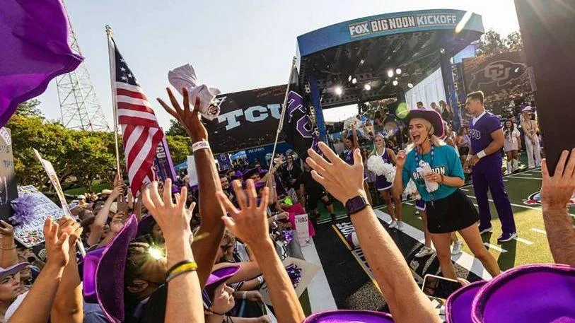Texas Christian fans cheer for a free shirt during the Fox Sports Big Noon Kick-Off show in September 2023