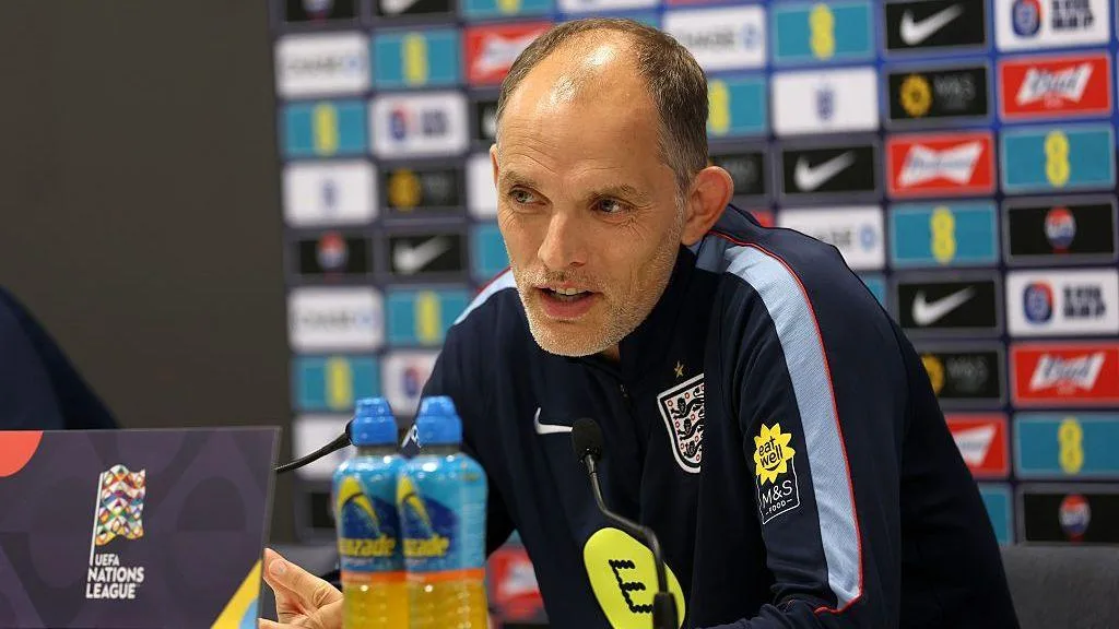 Thomas Tuchel speaking in an England news conference