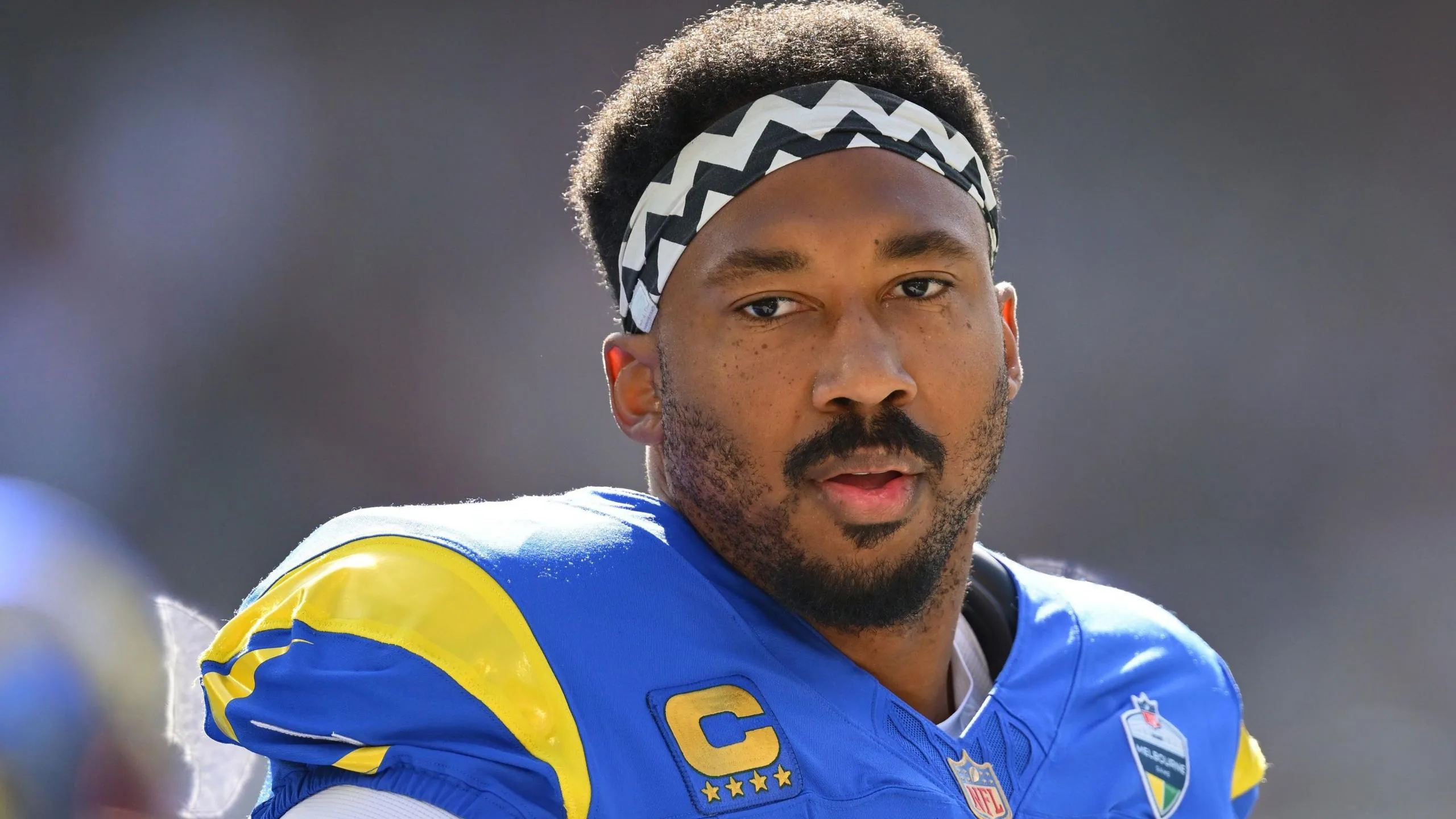 Defensive end Myles Garrett looks on during his debut for the Los Angeles Rams in Australia