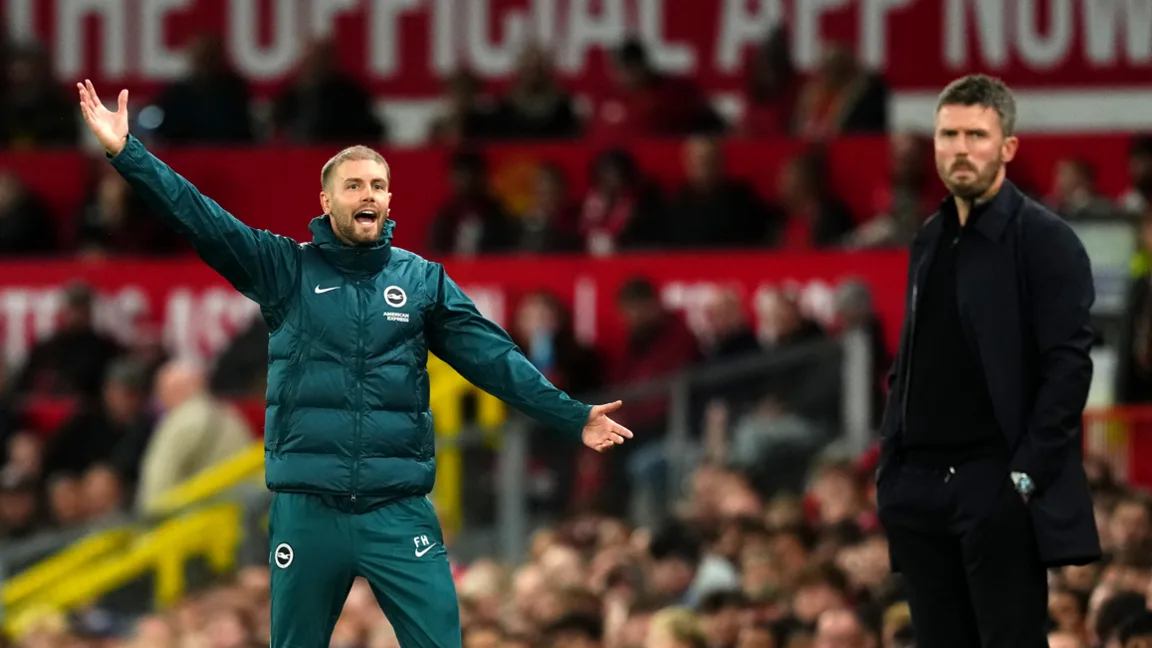 Brighton and Hove Albion manager Fabian Hurzeler (left) reacts on the touchline during the Carabao Cup tie at Old Trafford in September 2026 