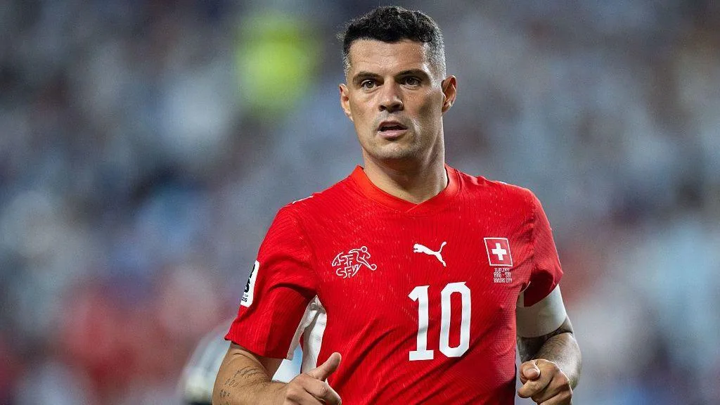 Granit Xhaka playing for Switzerland against Argentina in the 2026 World Cup quarter-final 