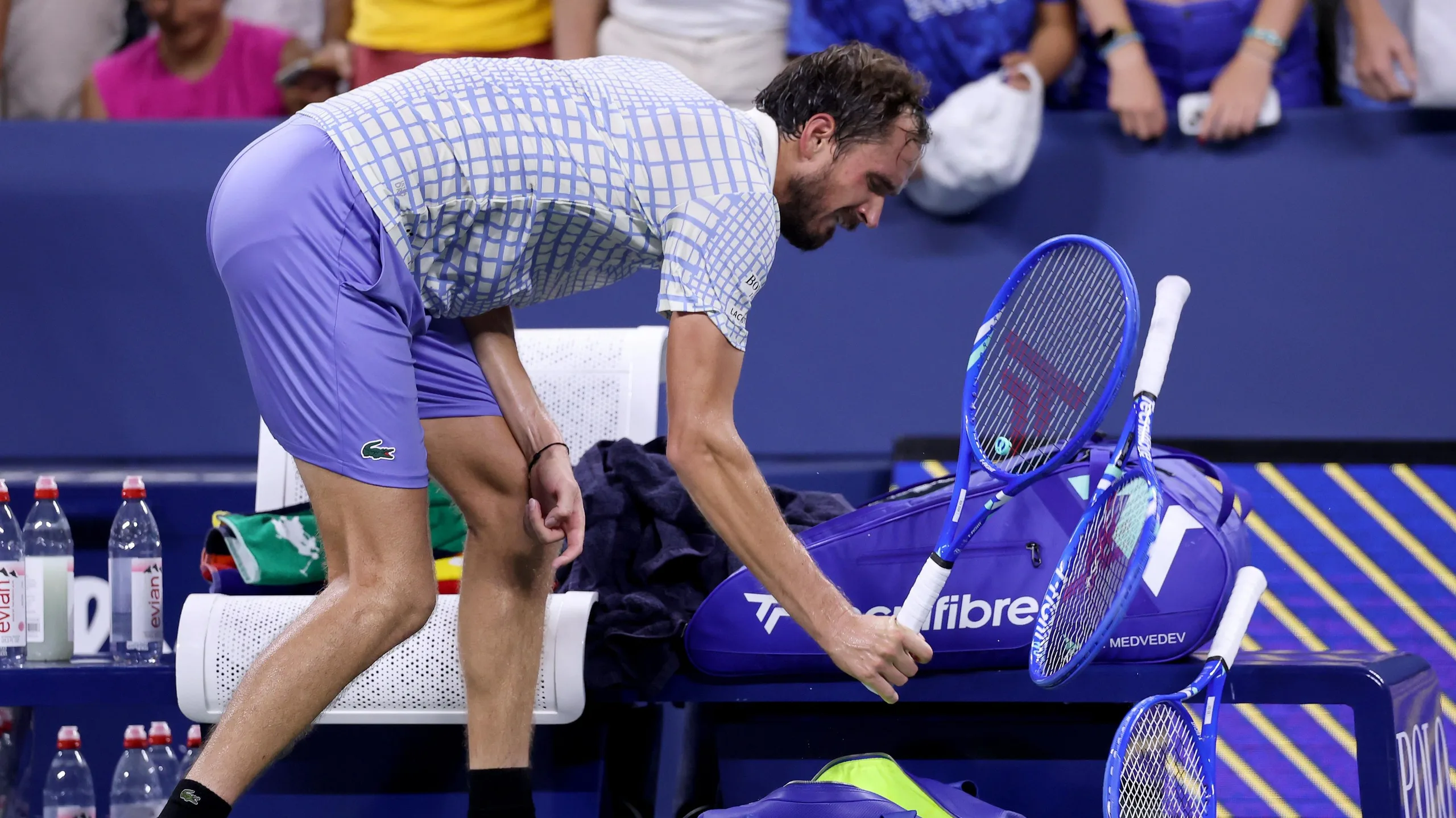 Daniil Medvedev smashes his racquet during the 2025 US Open first round