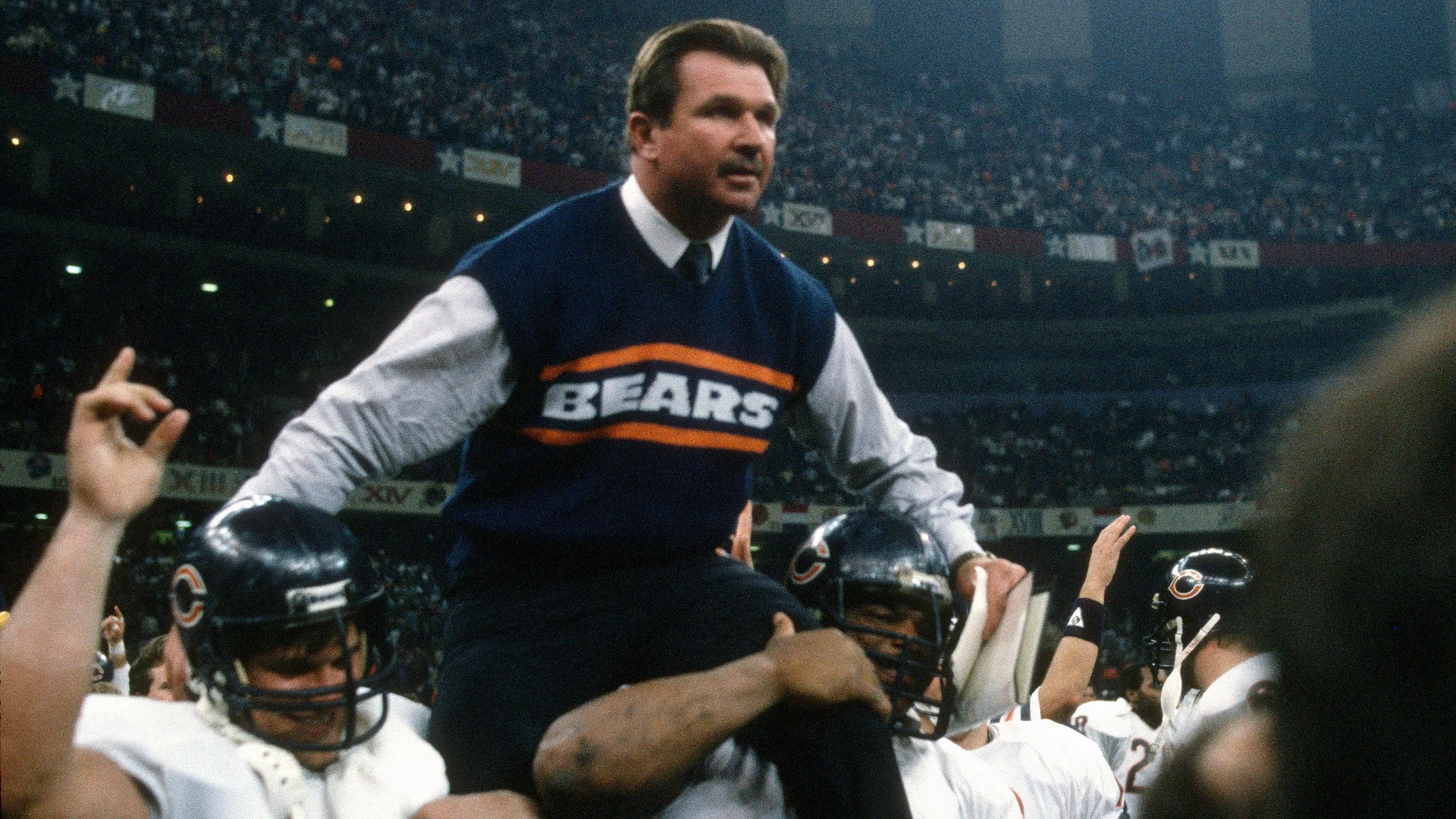 Mike Ditka gets carried off the field after his Chicago Bears side beat the New England Patriots in Super Bowl XX