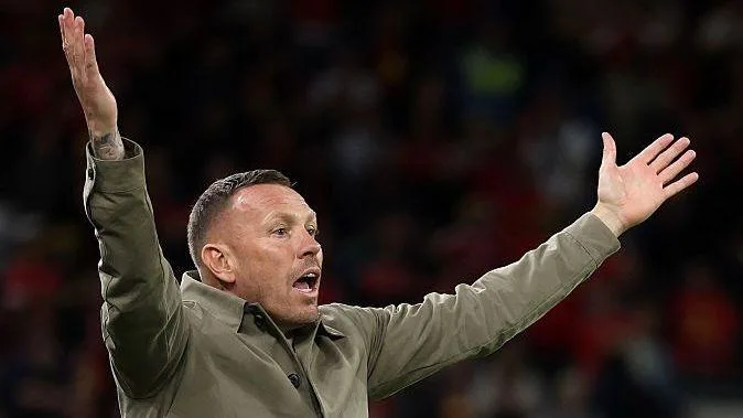 Craig Bellamy throws his hands in the air during Wales' defeat to Denmark  