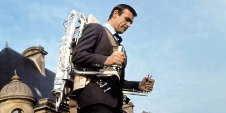 Sean Connery as James Bond wearing a jetpack in a still of Thunderball