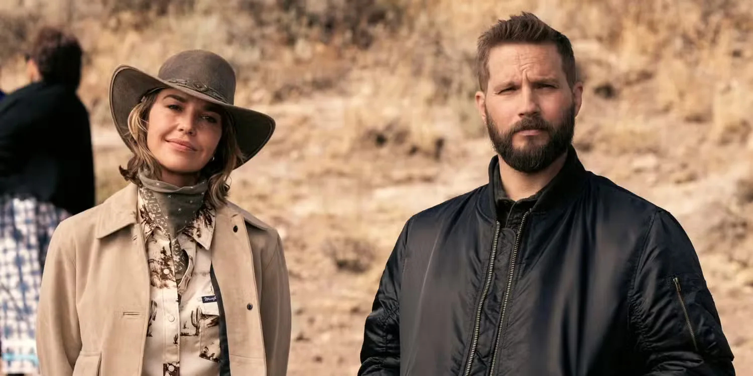 Logan Marshall-Green as Cal standing outside next to Arielle Kebbel as Belle in Marshals