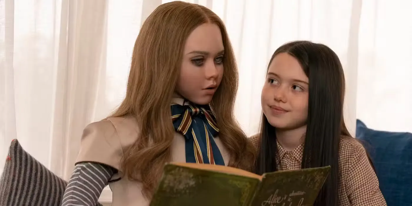 M3GAN reads to Cady, played by actor Violet McGraw, in M3GAN.