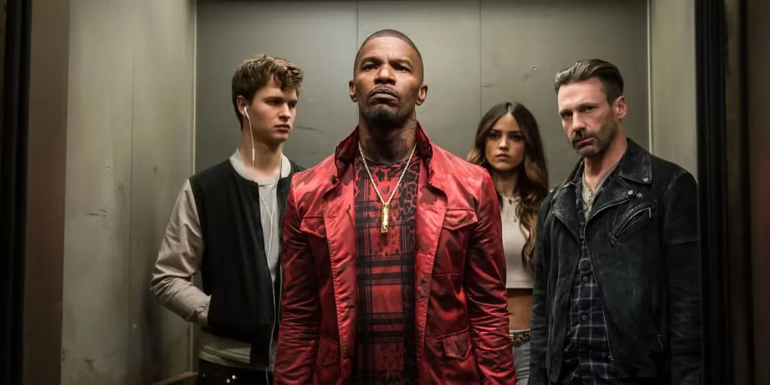 Baby Driver - the heist team stands in an elevator