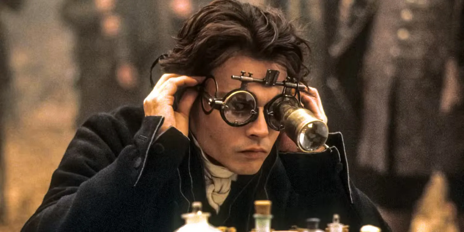 Ichabod Crane (Johnny Depp) in goggles in Sleepy Hollow.