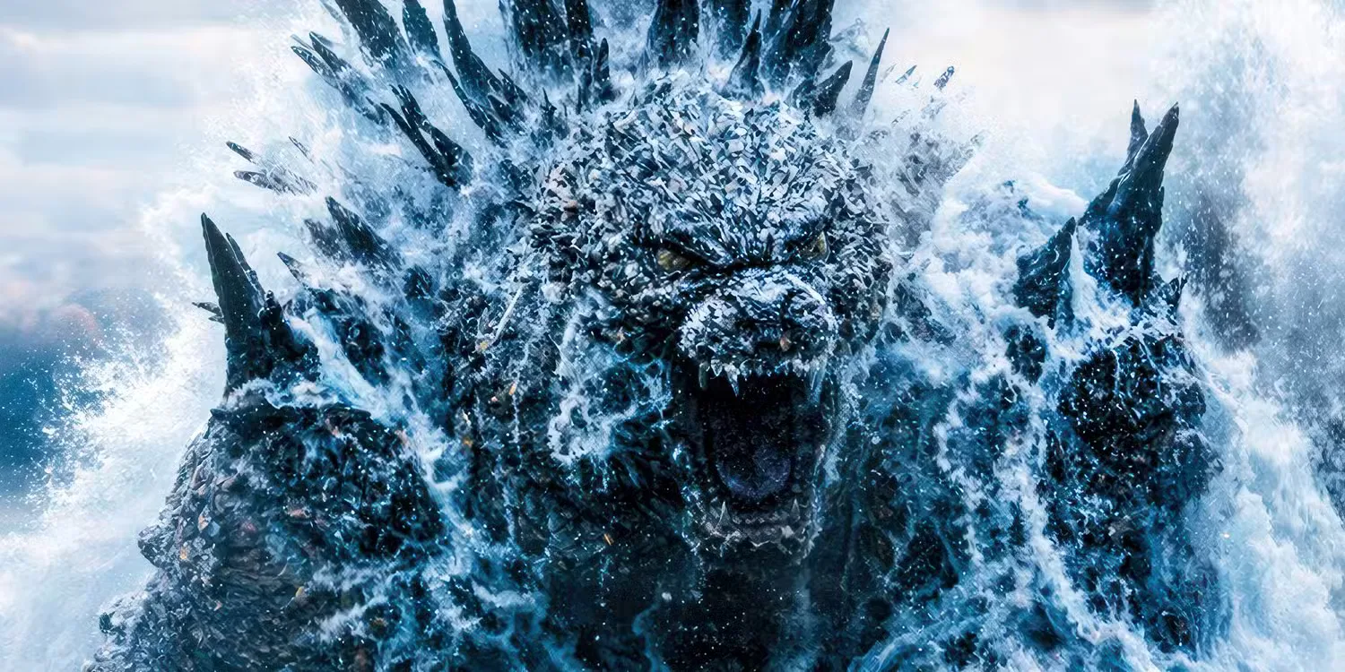 Godzilla emerges from the ocean.