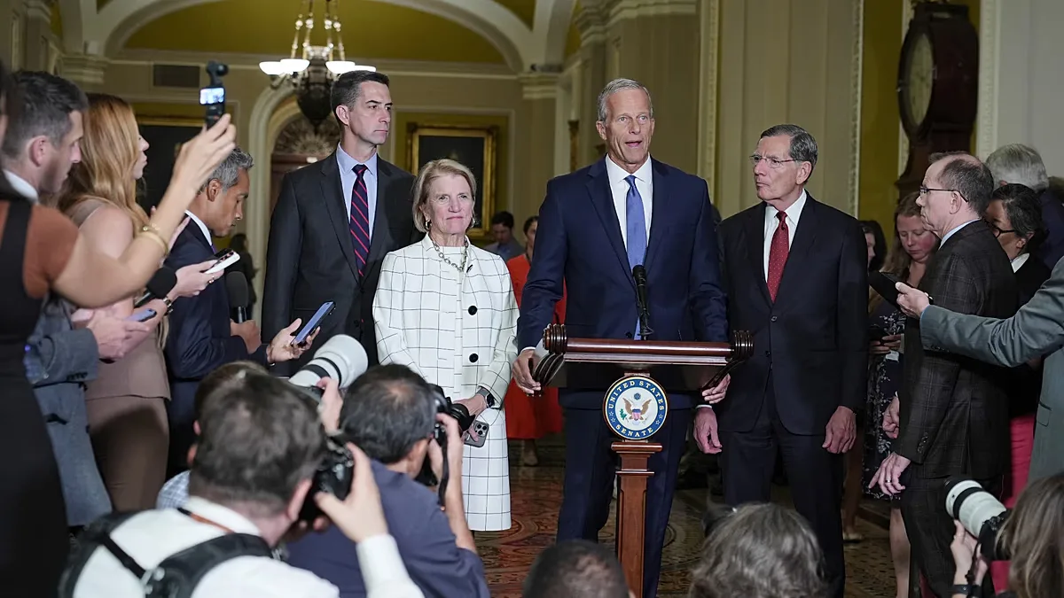 US Senate Majority Leader John Thune speaks at a news conference after a policy luncheon on Capitol Hill in Washington, 15 Sept. 2026