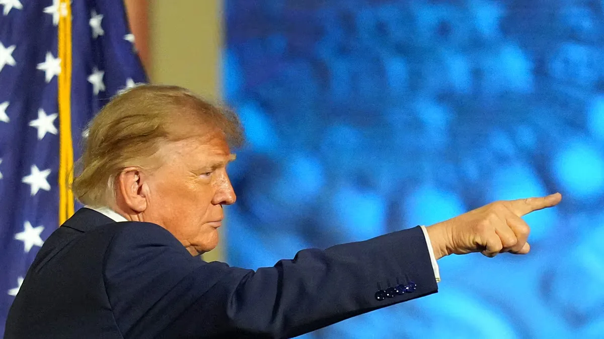 President Donald Trump gestures as he finishes his speech at the Republican convention Wednesday, 9 Sept. 2026, in Dallas. 