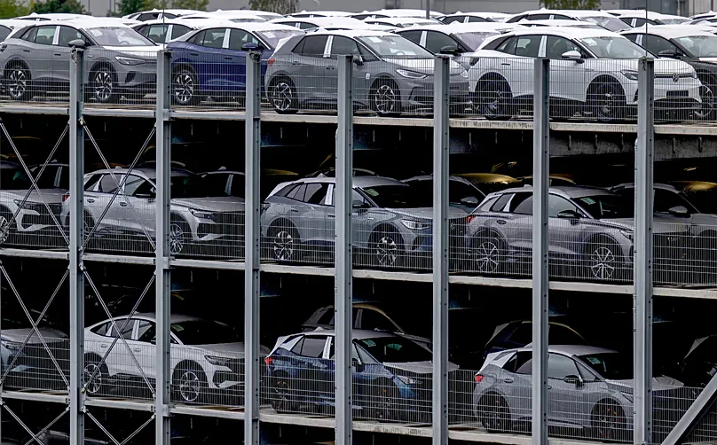 FILE. EVs produced by Volkswagen Saxony parked on the Zwickau plant premises, eastern Germany, 14 Sept. 2023