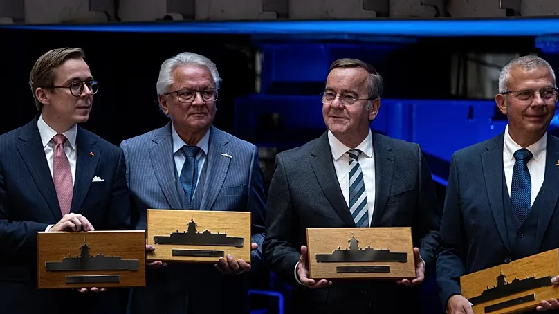 Papperger and Pistorius at the keel-laying of the third class 424 boat in Wolgast