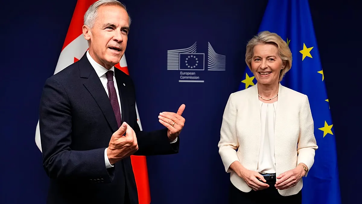 Canadian Prime Minister Mark Carney left, and European Commission President Ursula von der Leyen participate in a bilateral meeting, at the European Parliament in Strasbourg, 