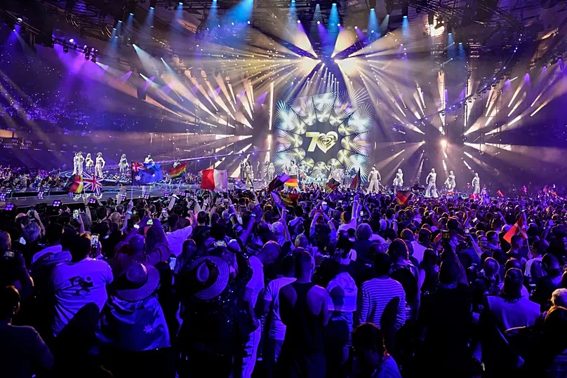 Performers on stage as voting results are collected during the Grand Final of the 70th Eurovision Song Contest in Vienna, 16 May, 2026