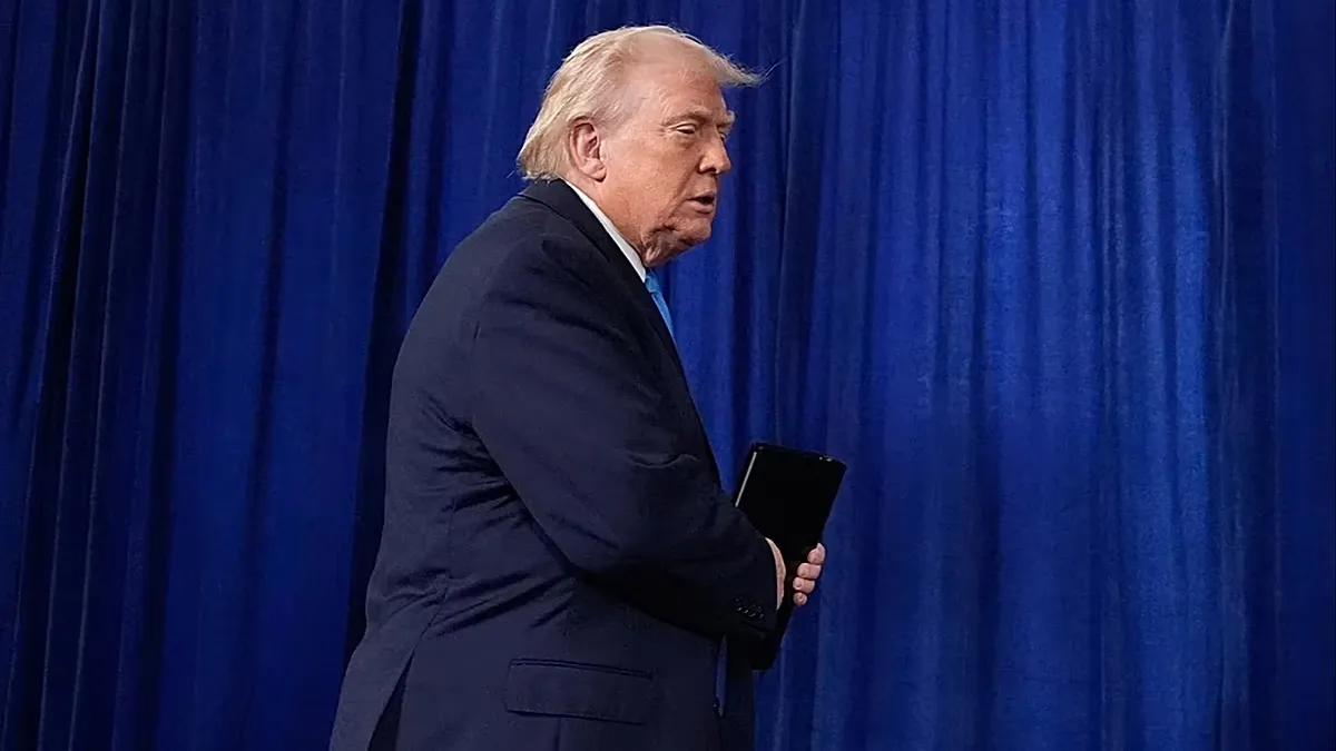US President Donald Trump arrives to speak at his Mar-a-Lago club, 3 January 2026