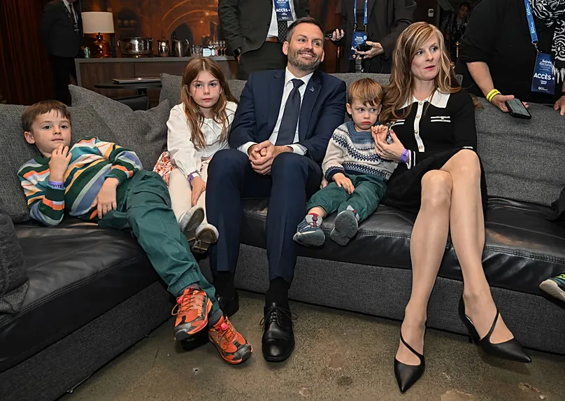 PQ Leader Paul St-Pierre Plamondon watches results alongside his wife and children in Montreal, Quebec on Monday, Oct. 5, 2026
