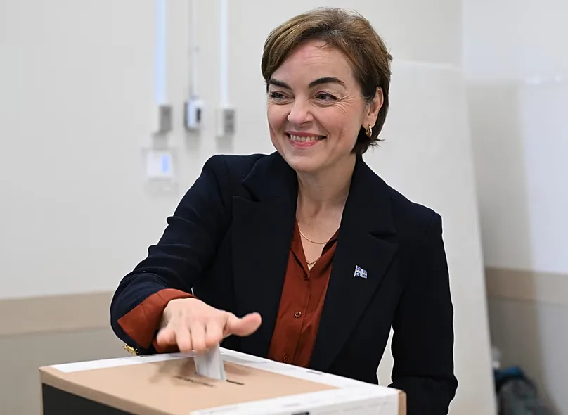 Coalition Avenir Quebec Leader Christine Frechette casts her ballot at the polling office in Trois-Rivieres, Quebec, Monday, Oct. 5, 2026