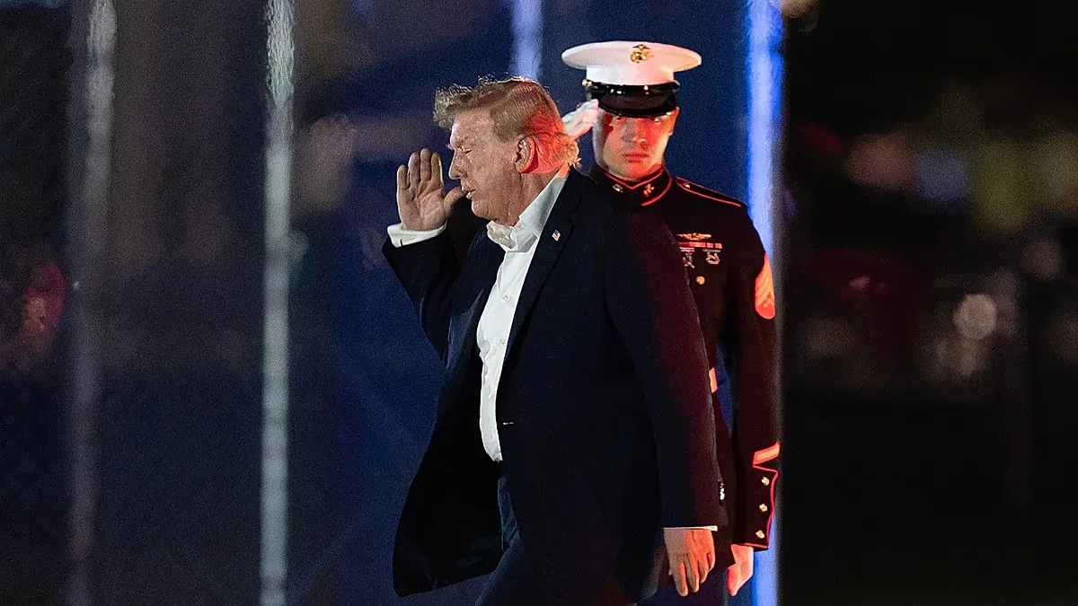 President Donald Trump returns a salute as he walks from Marine One to his limousine upon his arrival at the Ellipse just outside of the White House, Sunday, Sept. 13, 2026.