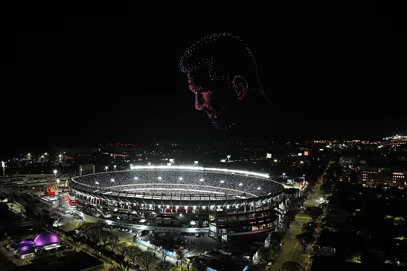 A drone display featuring Argentina's Lionel Messi is seen at the end of his final match for the national team, in Buenos Aires, Argentina, Tuesday, Oct.6, 2026