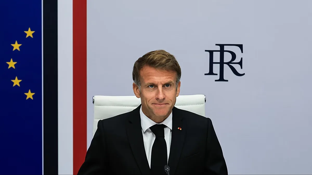 France's President Emmanuel Macron attends an Interministerial Crisis Meeting at the Elysee Presidential Palace, in Paris, on Sunday, Oct. 18, 2026 the day after nationwide ri