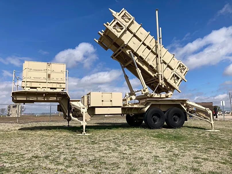 A Patriot missile mobile launcher is displayed outside the Fort Sill Army Post near Lawton, Okla., on March 21, 2023.