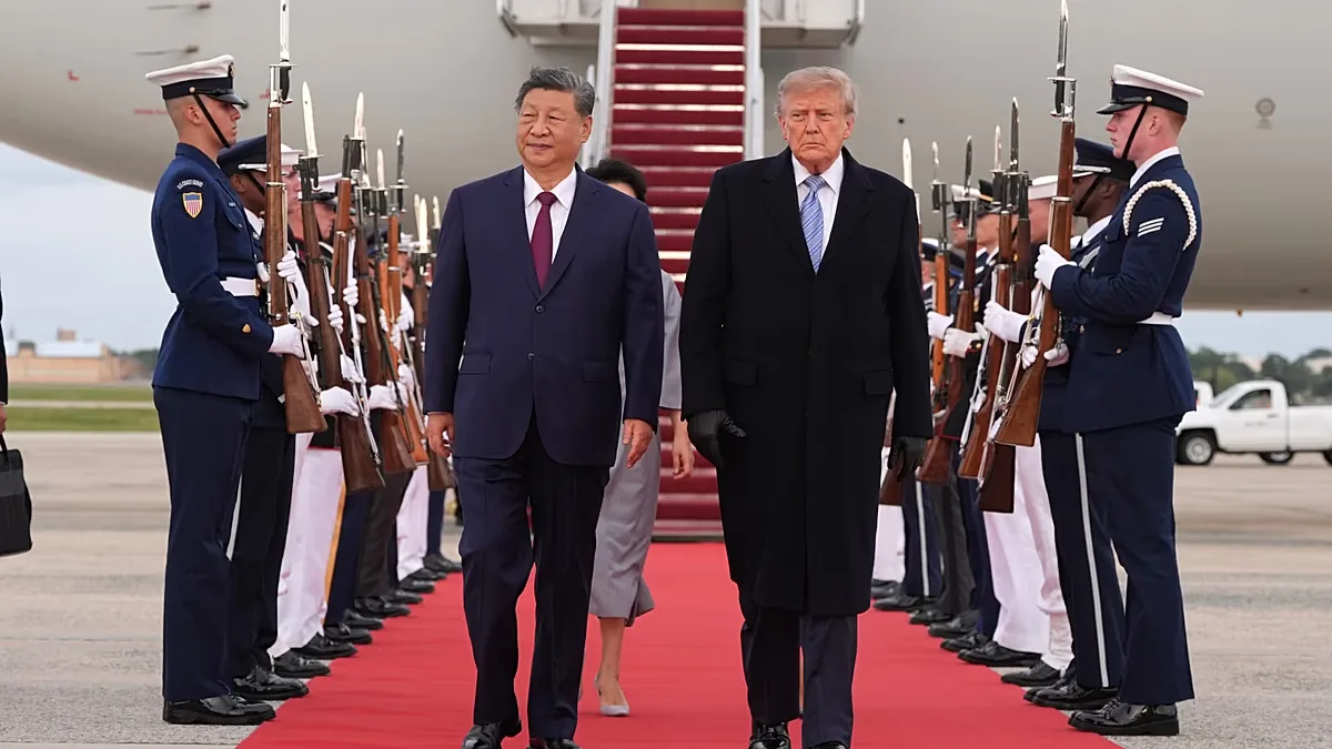 President Donald Trump and first lady Melania Trump walk with China's President Xi Jinping and his wife Peng Liyuan at Joint Base Andrews, Md., Wednesday, Sept. 23, 2026.