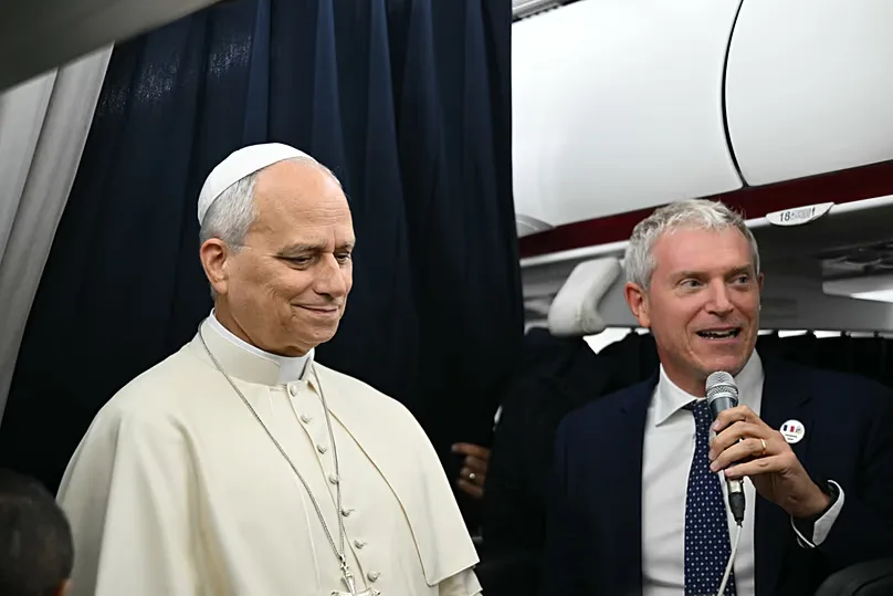 Pope Leo XIV speaks to journalists aboard the flight from Metz, France, to Rome, at the end of his four-day visit to France, Monday, Sept. 28, 2026