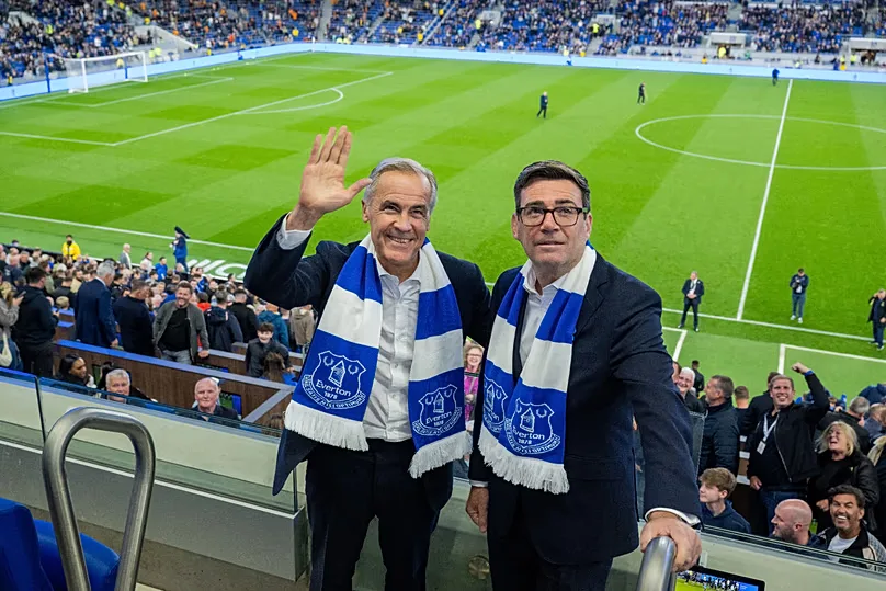 Britain's Prime Minister Andy Burnham and Canada's Prime Minister Mark Carney at an English League Cup match between Everton and Wolverhampton Wanderers on Wednesday, Sep 2026