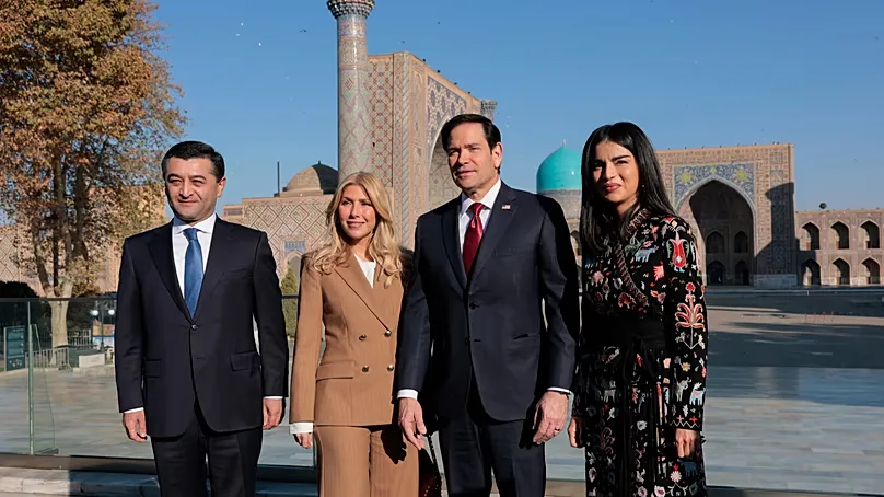 Marco Rubio, and his wife Jeanette Rubio pose for a photo with Uzbekistan's Foreign Minister Bakhtiyor Saidov, and Head of the Presidential Administration, Saida Mirziyoyeva