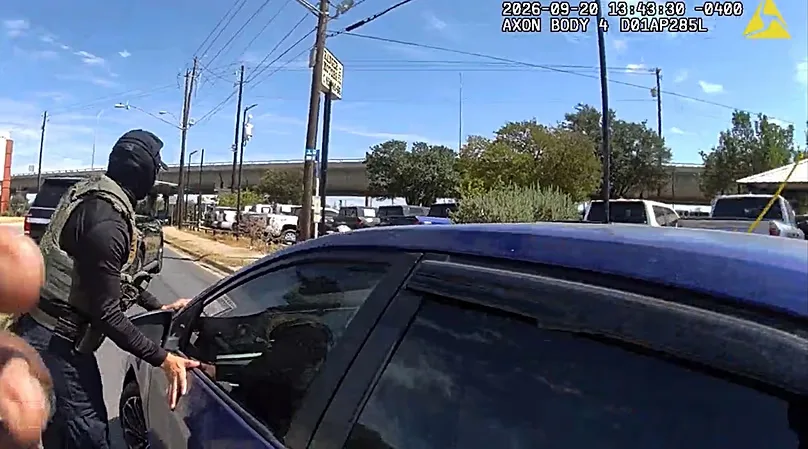This image made from ICE body camera footage shows an officer stopping Wilber Rafael Garces Perez on Sunday, Sept. 20, 2026, in Austin, Texas