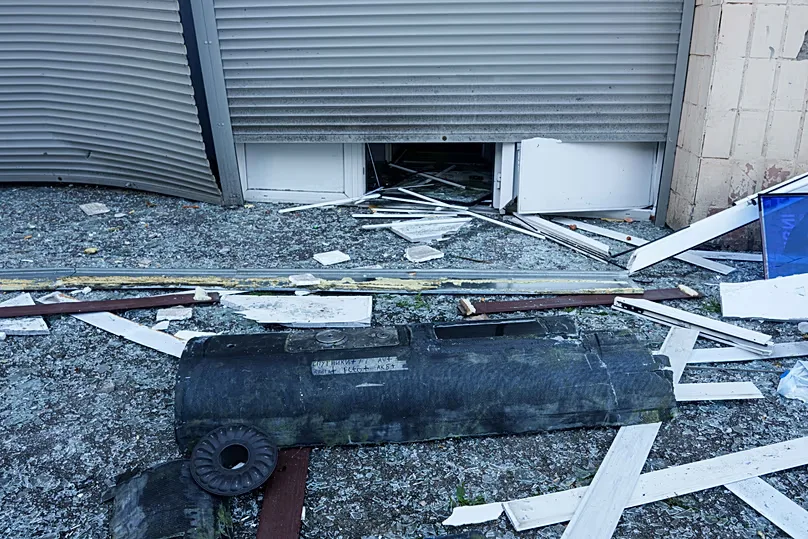 Fragments of a Shahed drone are seen on the ground after a Russian drone strike in Kyiv, 25 September, 2026