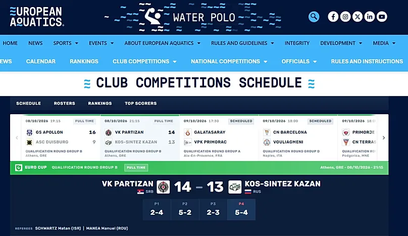 On the official European Aquatics site, the reference to Kazan is accompanied by a Russian flag