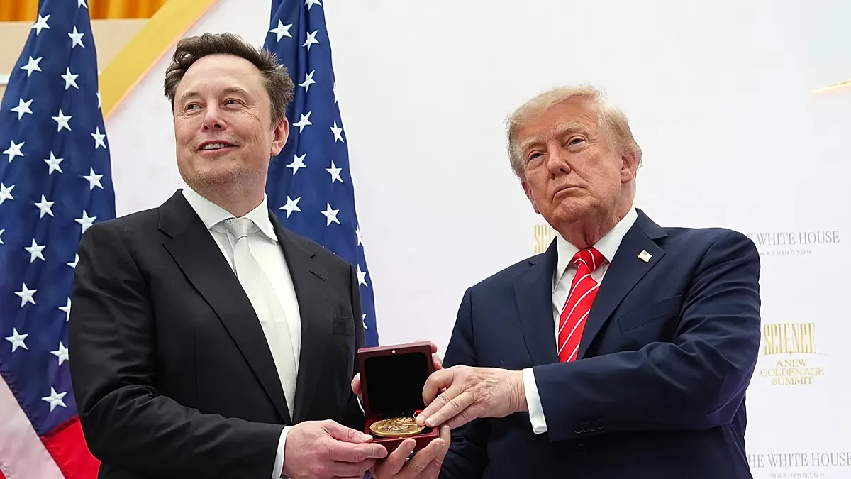 President Donald Trump, right, presents the National Medal of Science to Elon Musk during an event at the U.S. Institute of Peace, Thursday, Oct. 8, 2026.