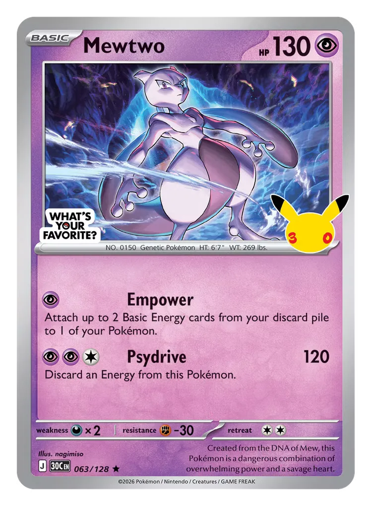 The special Mewtwo promo card being released on October 2, as a part of the TCG's 30th anniversary celebration.
