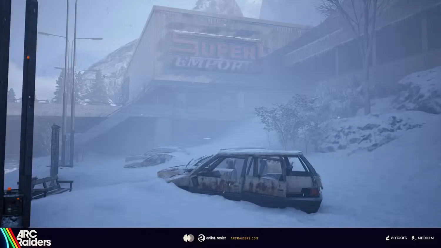 A car outside a supermarket submerged in snow in the Arc Raiders Frozen Trail update.