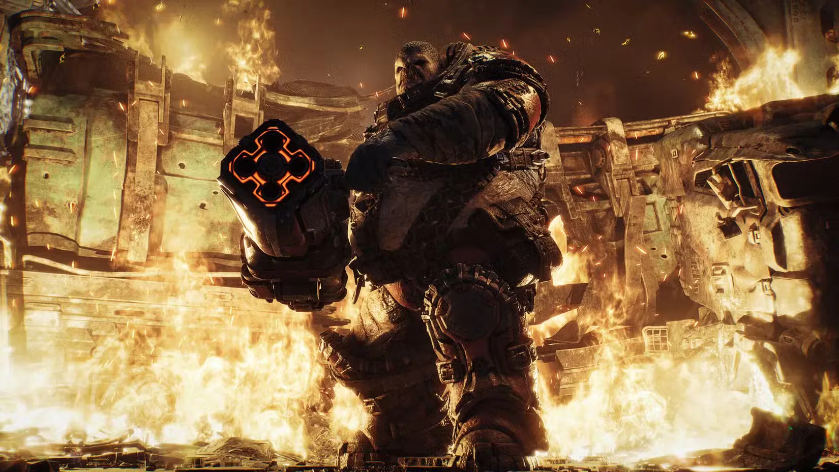 An enemy holds a giant gun in Gears of War: E-Day.