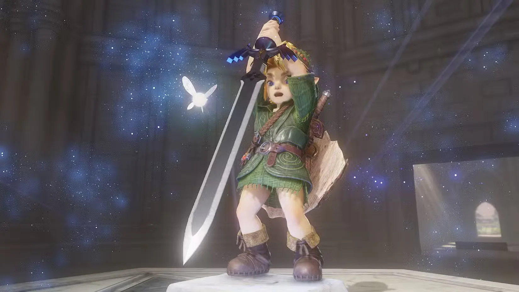 Young Link draws the Master Sword from its stone