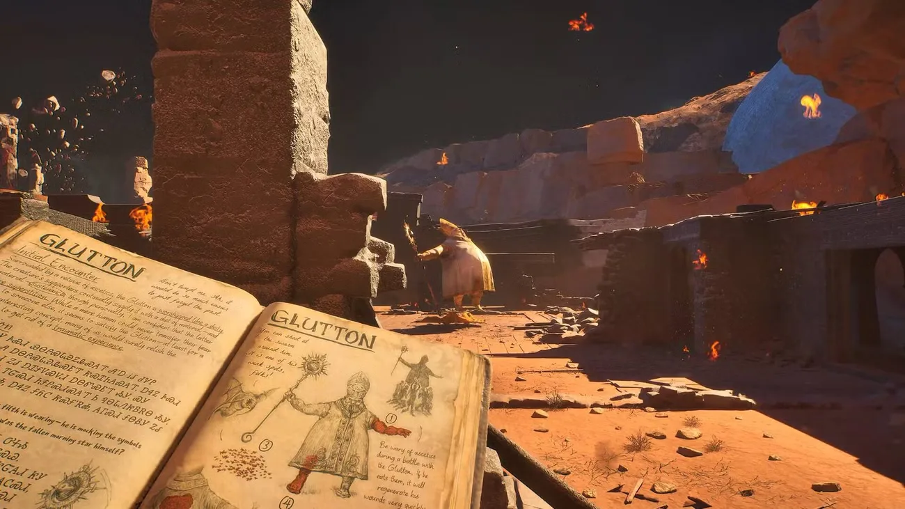 The player in Guns of Eschaton holding the codex and looking at the Glutton enemy.