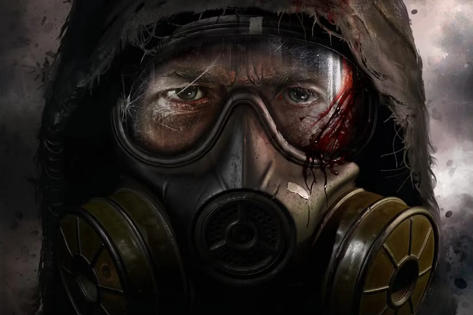 The masked face of a STALKER beneath a tattered hood. Key art for STALKER 2.