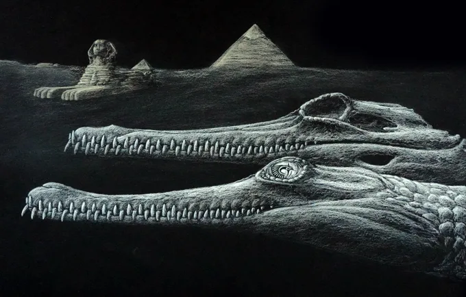 An illustration of Herugavialis, its skull, the Great Sphinx of Giza and the pyramids