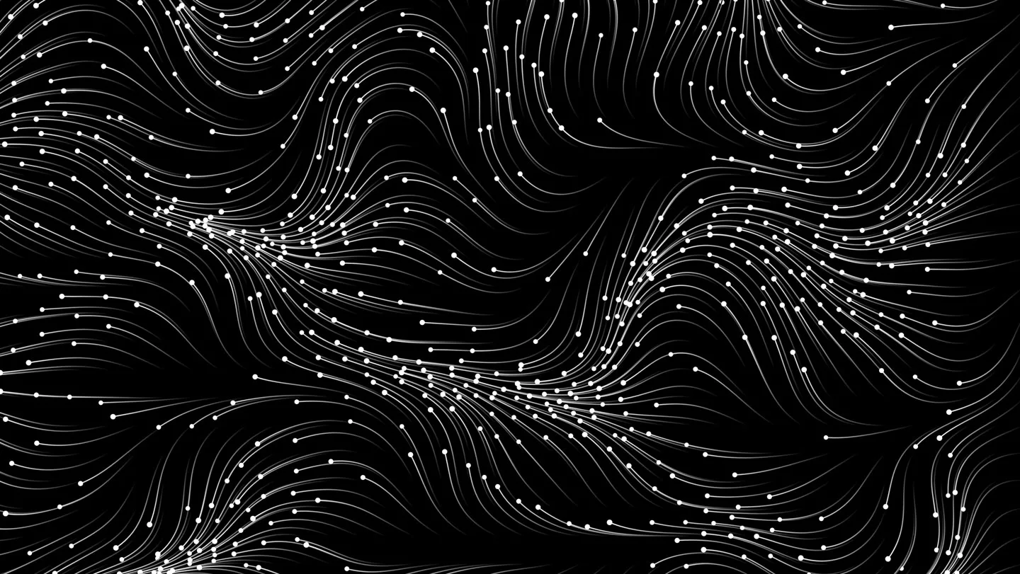 A black background with white wavy lines in patterns and white circles at the top of each line