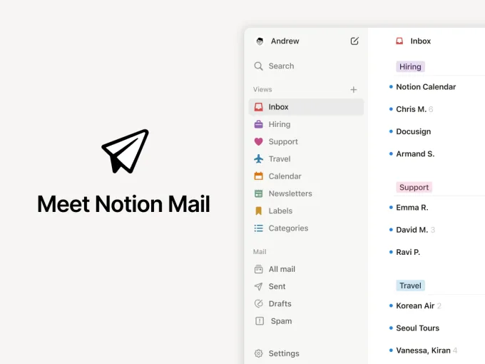 Image of a screengrab of Notion Mail that includes a view of its auto-labeled folder.